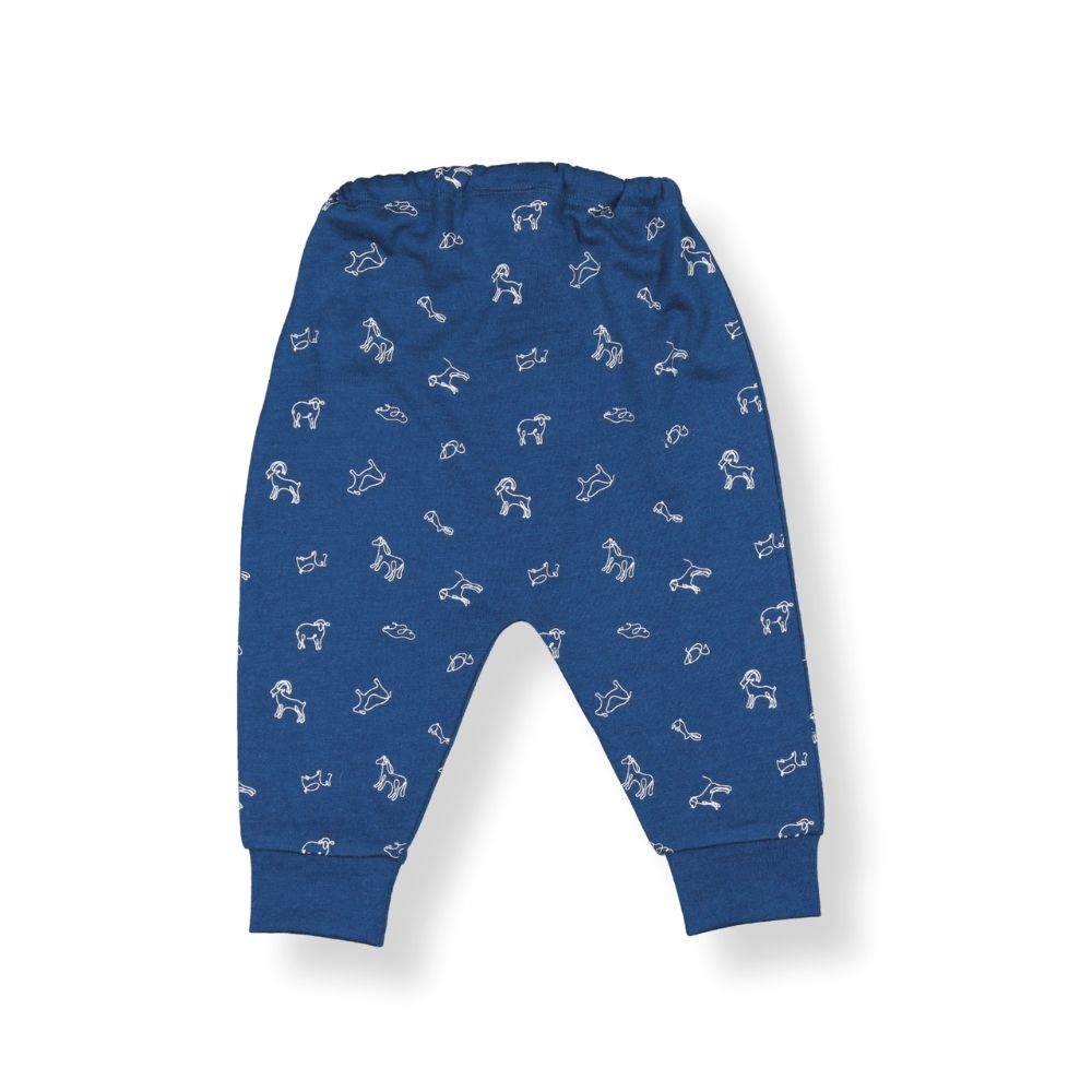 Little Flock of Horrors Merino Baby Trouser I Blue with Animal Print