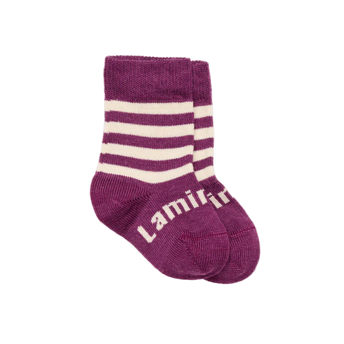 Pair of purple plum merino wool baby socks with white stripes on a white background