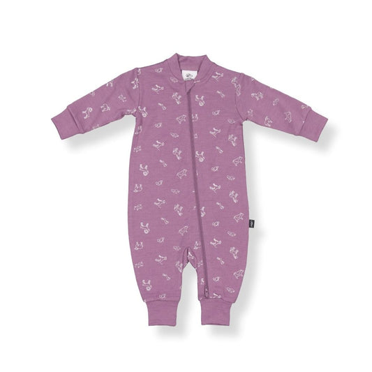 Little Flock of Horrors Merino Baby Footless Onesie I Oatmeal with Fruit&Veg Print
