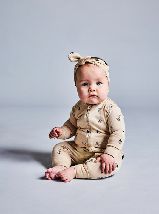 Baby Merino Footless Onesie - Oatmeal with Fruit & Vege Print