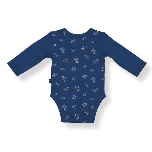 Little Flock of Horrors Merino Baby Long-sleeve Bodysuit - Blue with Animal Print