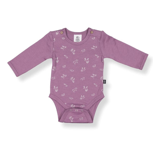 Little Flock of Horrors Merino Long-sleeve Bodysuit I Oatmeal with Fruit&Veg Print
