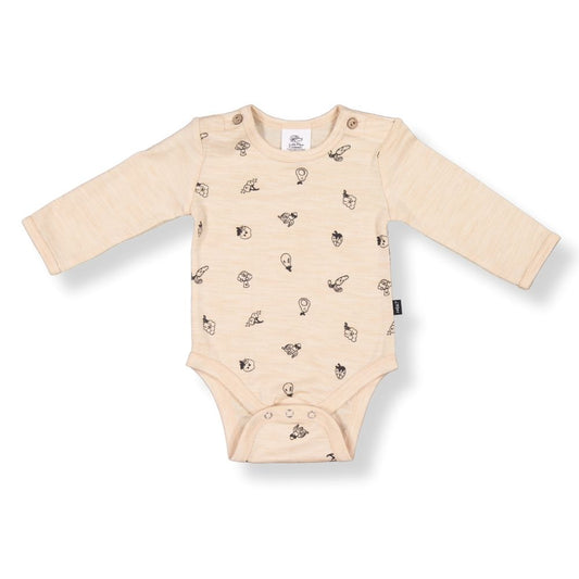 Little Flock of Horrors Merino Long-sleeve Bodysuit I Mauve with Animal Print