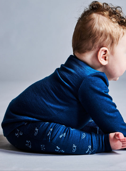 Merino Kids Slasher Leggings - Gibraltar Blue with Animal Print