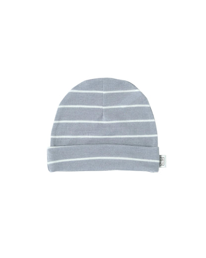 Blue Grey 100% Merino Wool baby beanie with white stripes on a light gray background