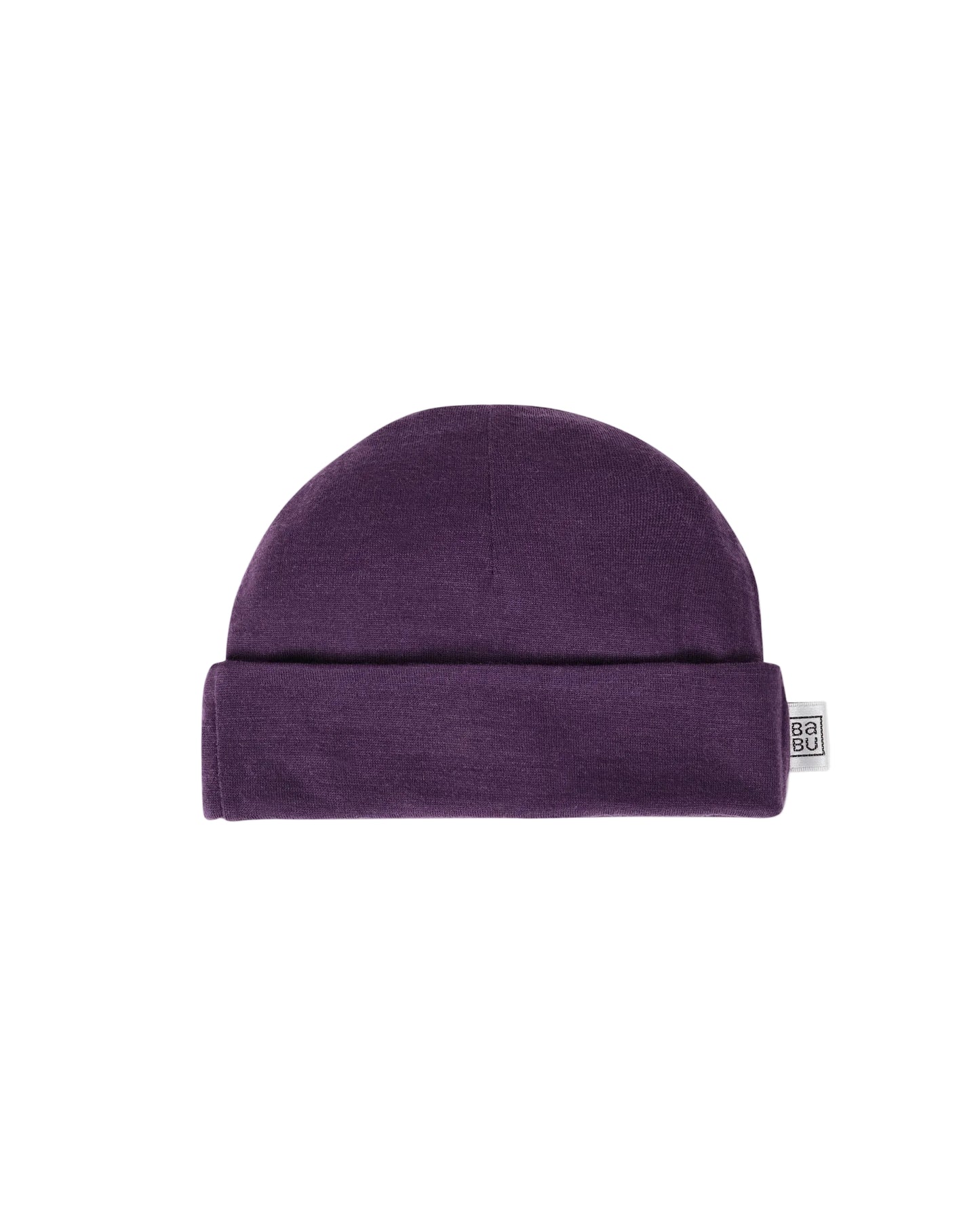 Purple 100% merino wool baby beanie hat with a brand tag on a light gray background