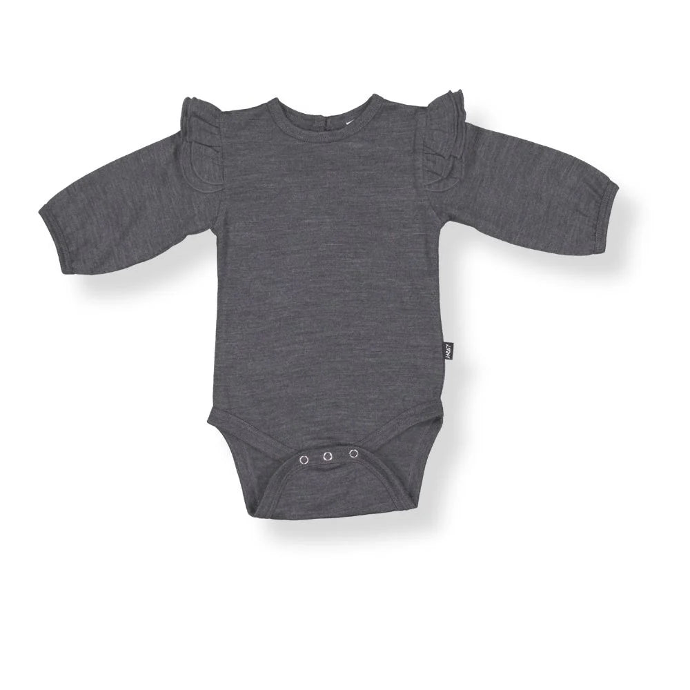 Merino Baby Long-sleeve Frill Bodysuit - Slate Grey