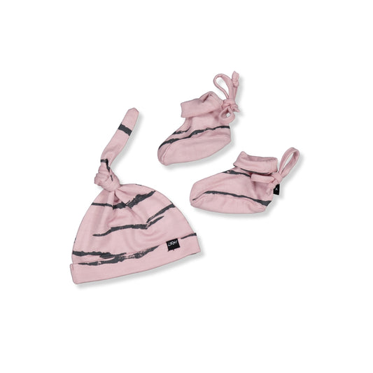 Merino Baby Knotted Beanie & Bootie Set - Pink with Tiger Print