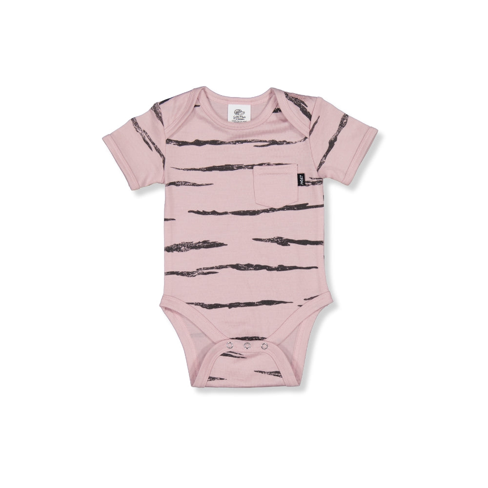 Little Flock of Horrors Merino Baby Short-sleeved Printed Bodysuit I Oatmeal with Fruit&Vege Print