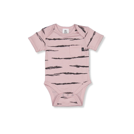 Little Flock of Horrors Merino Baby Short-sleeved Printed Bodysuit I Pink with Tiger Stripe