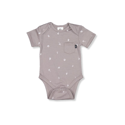 Merino Baby Short-sleeved Printed Bodysuit - Oatmeal with Fruit & Vege Print
