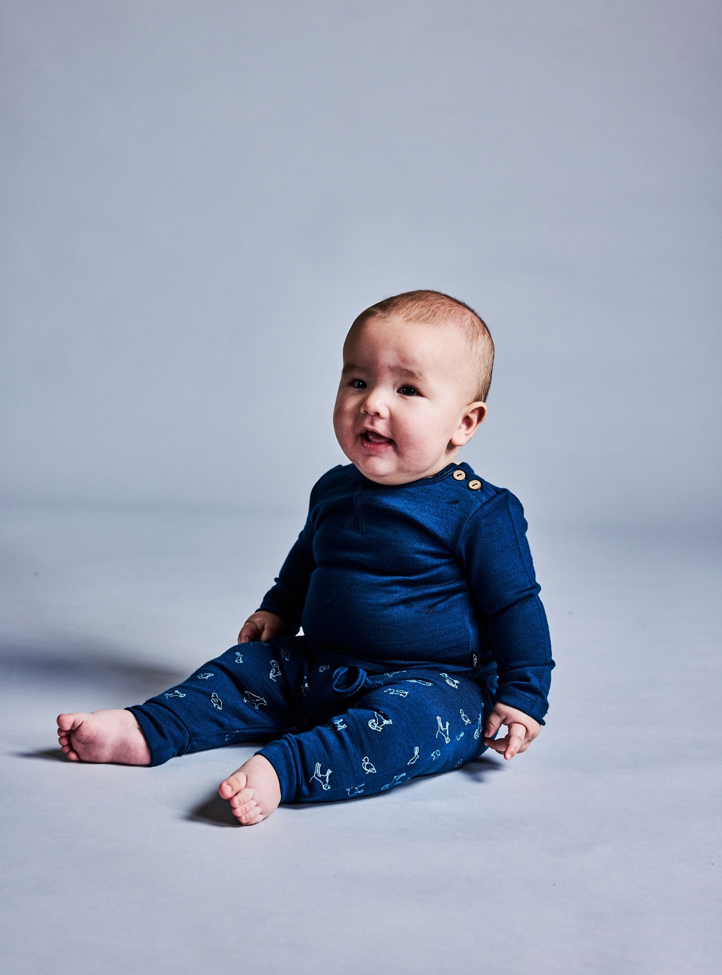Little Flock of Horrors Merino Baby Trouser I Blue with Animal Print