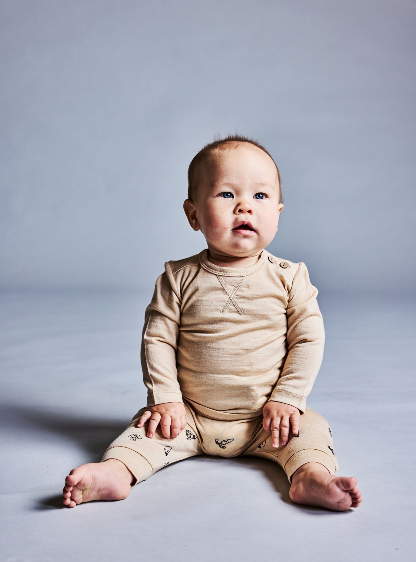Merino Baby Trouser - Oatmeal with Fruit & Veg Print