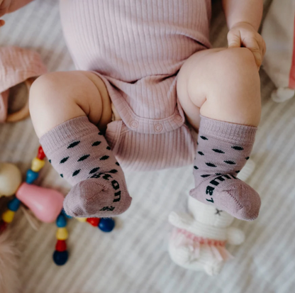 Merino Baby Socks - Lilac with Navy Spots