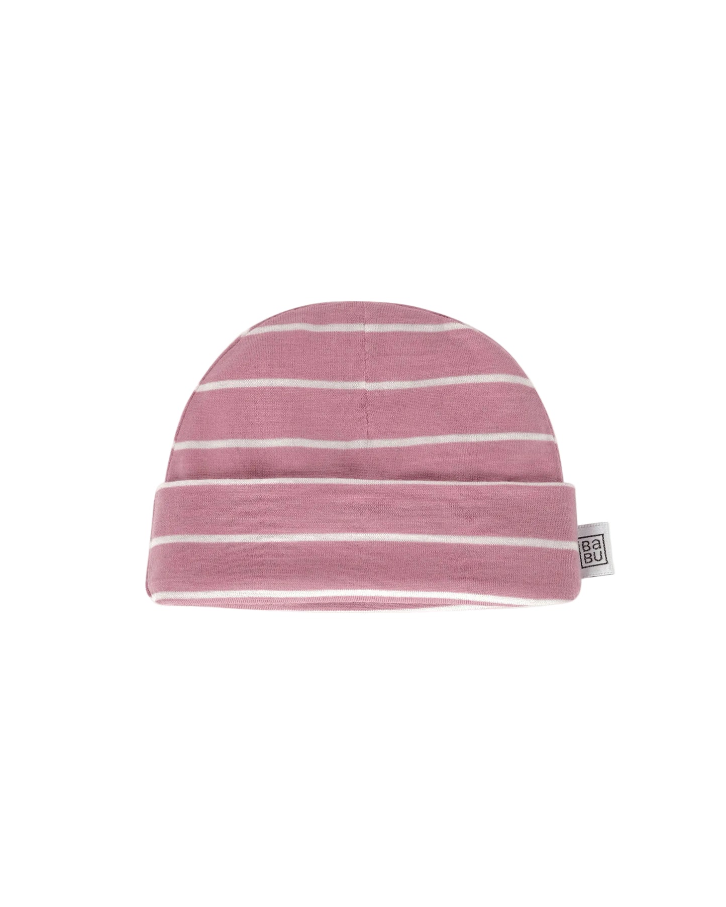 Pink with white striped 100% merino wool beanie with a small Babu brand logo on a white background