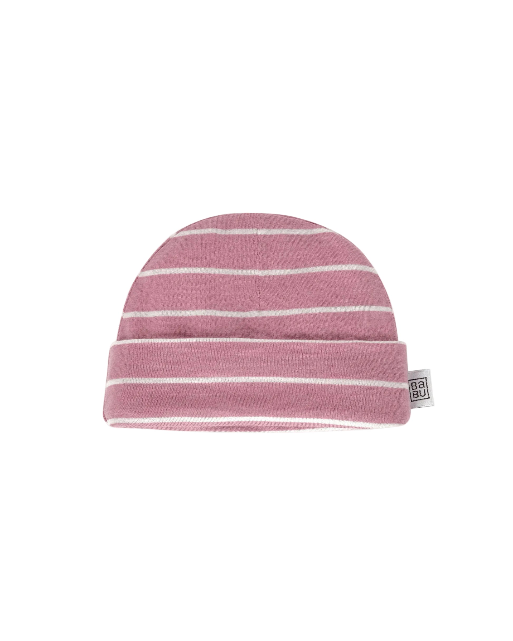 Pink with white striped 100% merino wool beanie with a small Babu brand logo on a white background