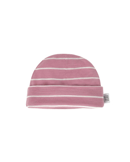 Pink with white striped 100% merino wool beanie with a small Babu brand logo on a white background