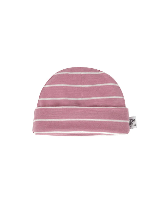 Pink with white striped 100% merino wool beanie with a small Babu brand logo on a white background