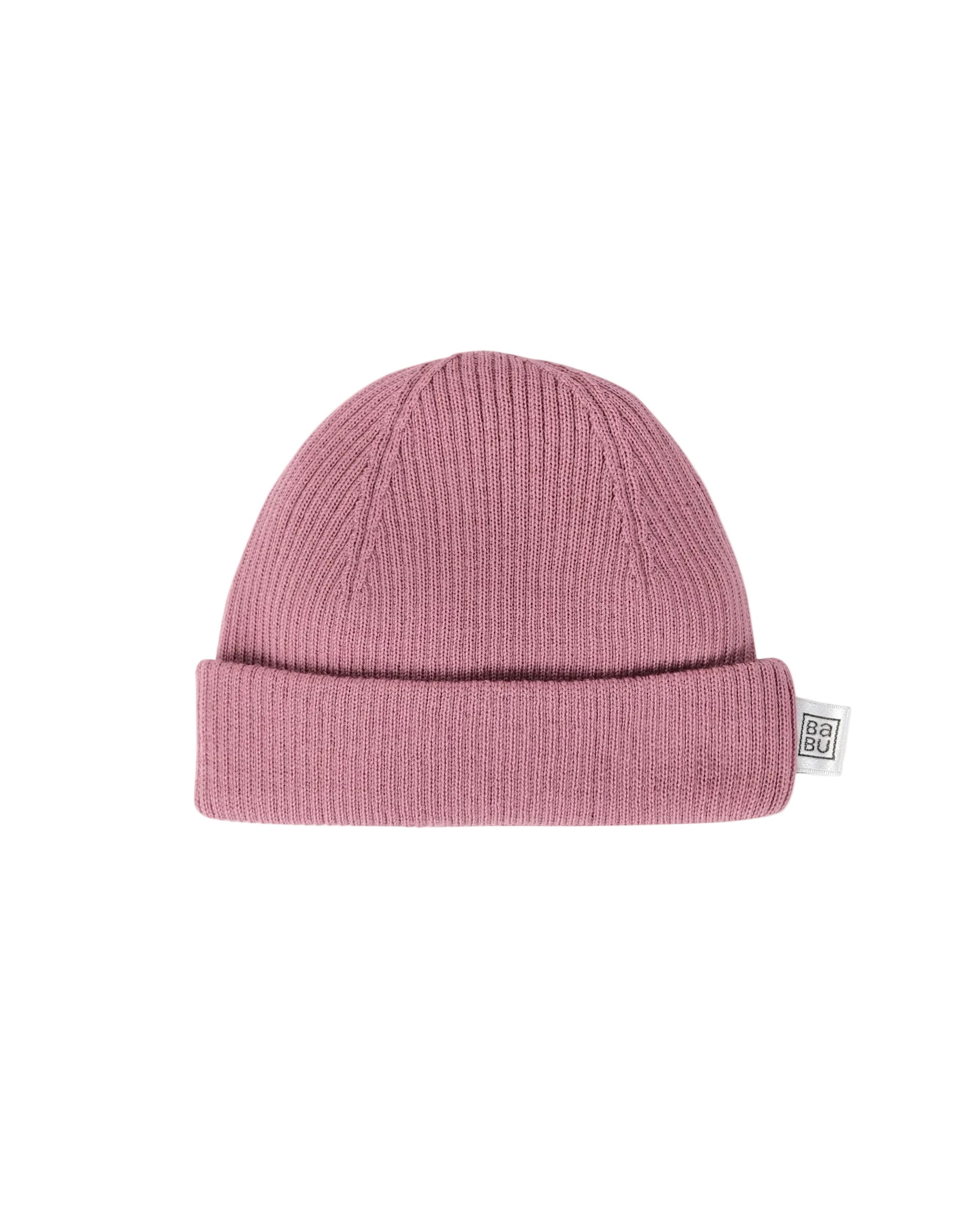 Pink merino wool knit beanie on a light gray background