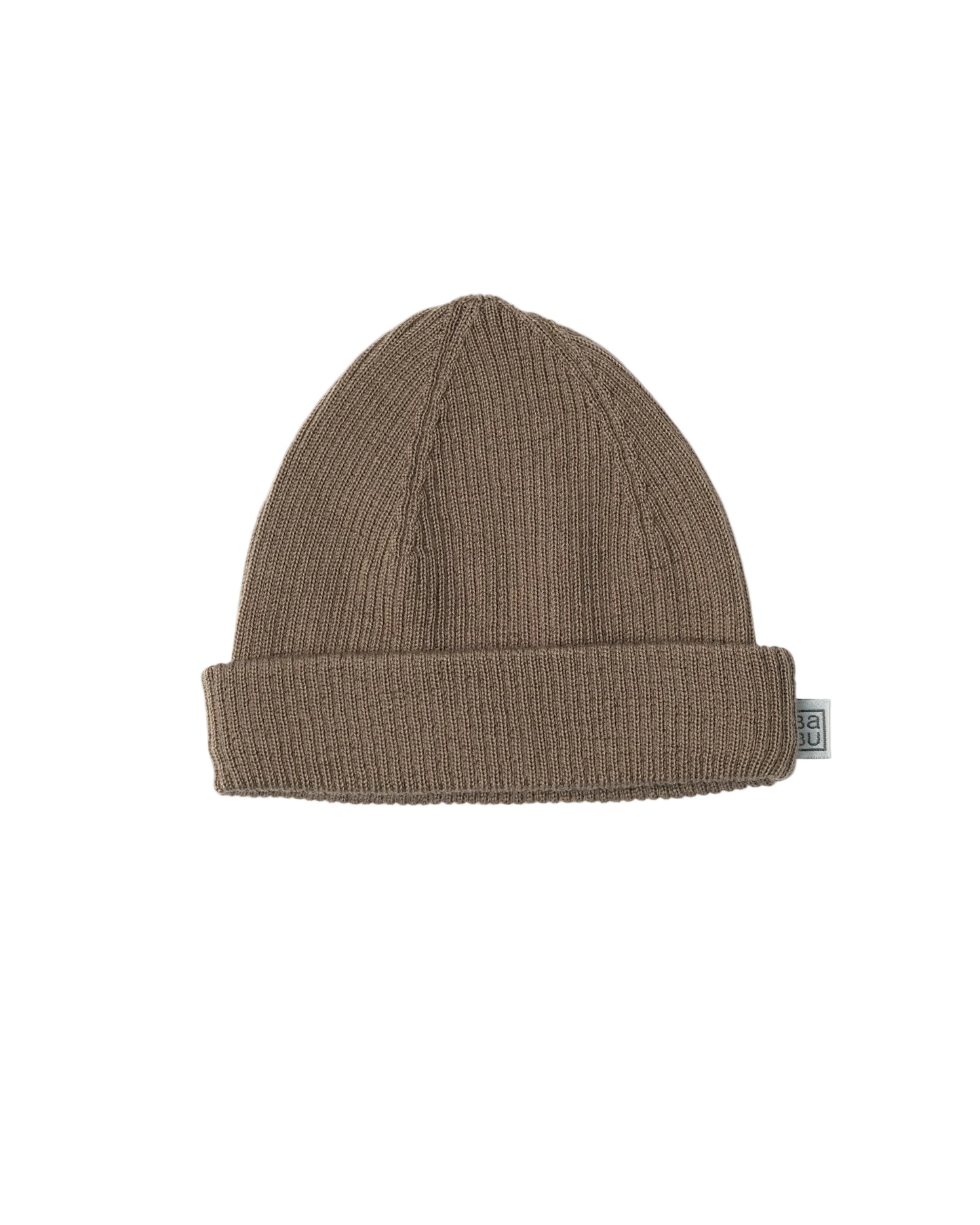 Brown 100% merino wool knit beanie with a small Babu brand tag on a light gray background