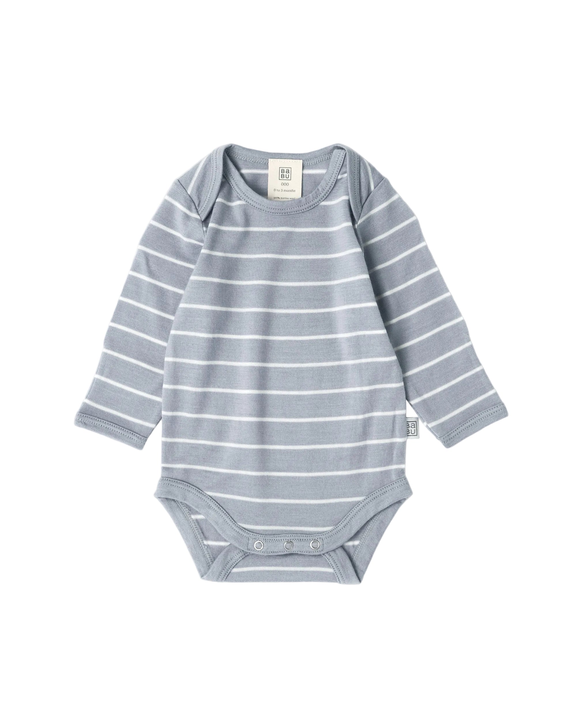 100% merino wool baby long-sleeve bodysuit in grey blue with white stripe