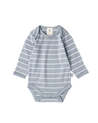 100% merino wool baby long-sleeve bodysuit in grey blue with white stripe