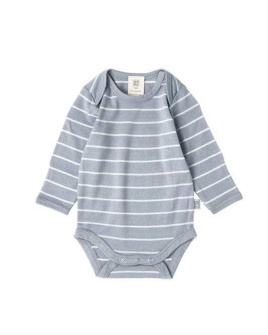 100% merino wool baby long-sleeve bodysuit in grey blue with white stripe
