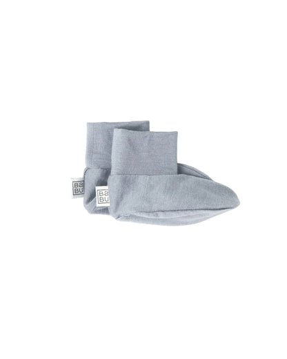 Pair of blue grey 100% merino wool baby booties on a white background