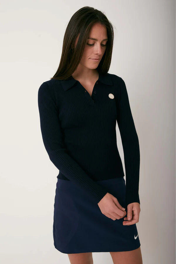 Fox & Birdie Merino Cotton Long-sleeve Ribbed Polo Tee I Midnight Blue