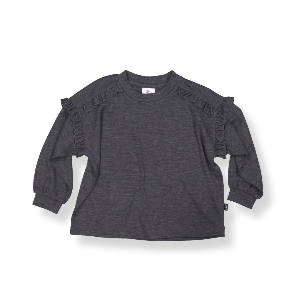 Little Flock of Horrors Merino Girls Eden Frill Top I Slate Grey