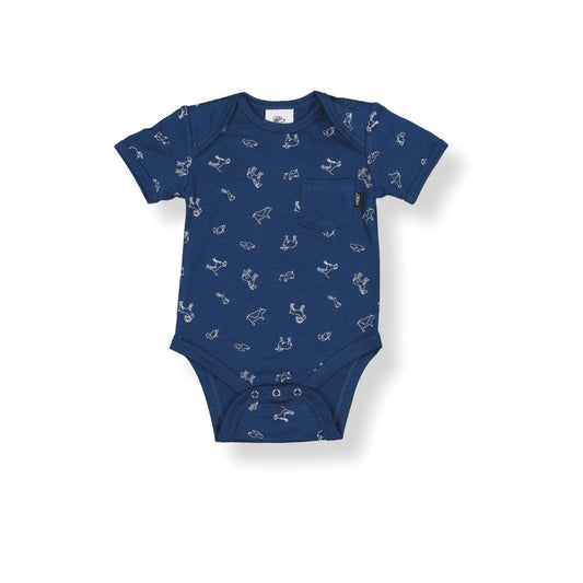 Merino Baby Short-Sleeve Bodysuit - Blue with Animal Print
