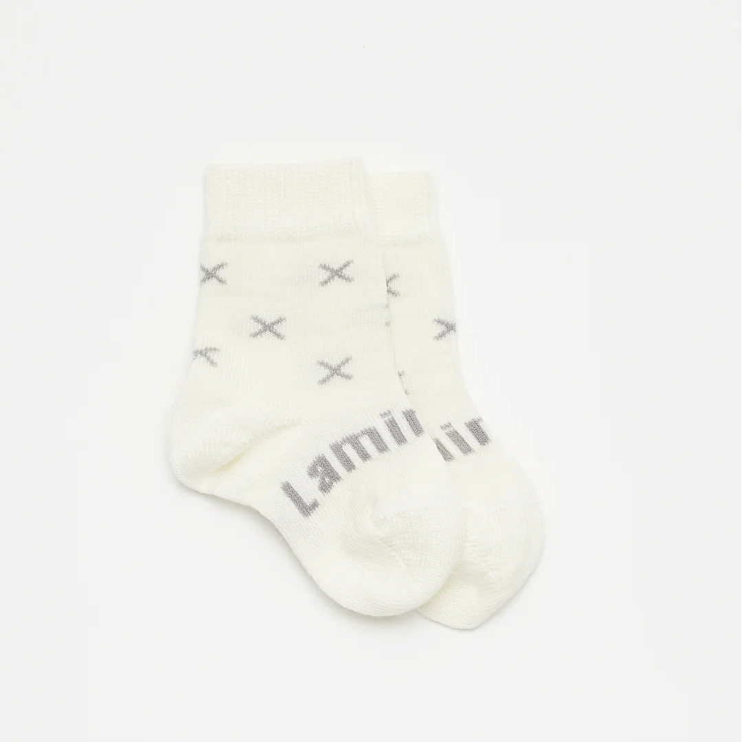 Cream merino wool baby socks with grey cross, Lamington brand
