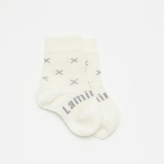 Cream merino wool baby socks with grey cross, Lamington brand