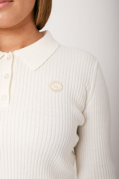 Women's Merino Cotton Long-sleeve Ribbed Polo Tee - Cream