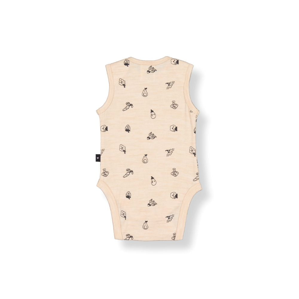 Merino Baby Vest Bodysuit - Oatmeal with Fruit & Veg Print