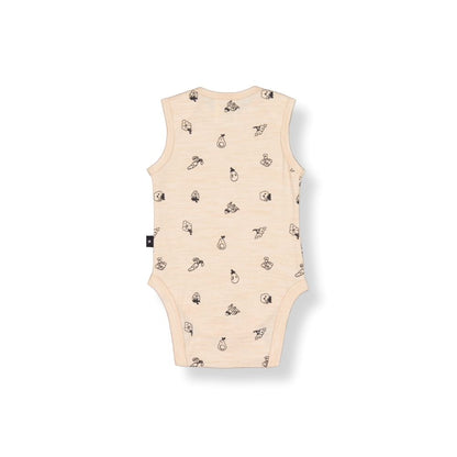 Merino Baby Vest Bodysuit - Oatmeal with Fruit & Veg Print