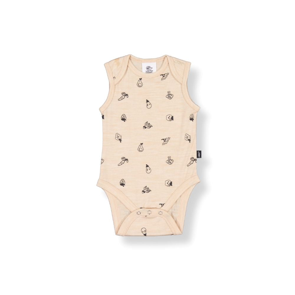 Merino Baby Vest Bodysuit - Oatmeal with Fruit & Veg Print