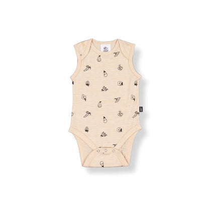 Merino Baby Vest Bodysuit - Oatmeal with Fruit & Veg Print