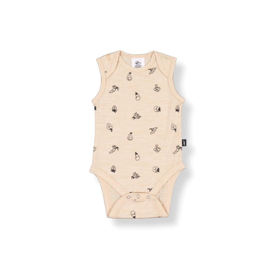 Merino Baby Vest Bodysuit - Oatmeal with Fruit & Veg Print