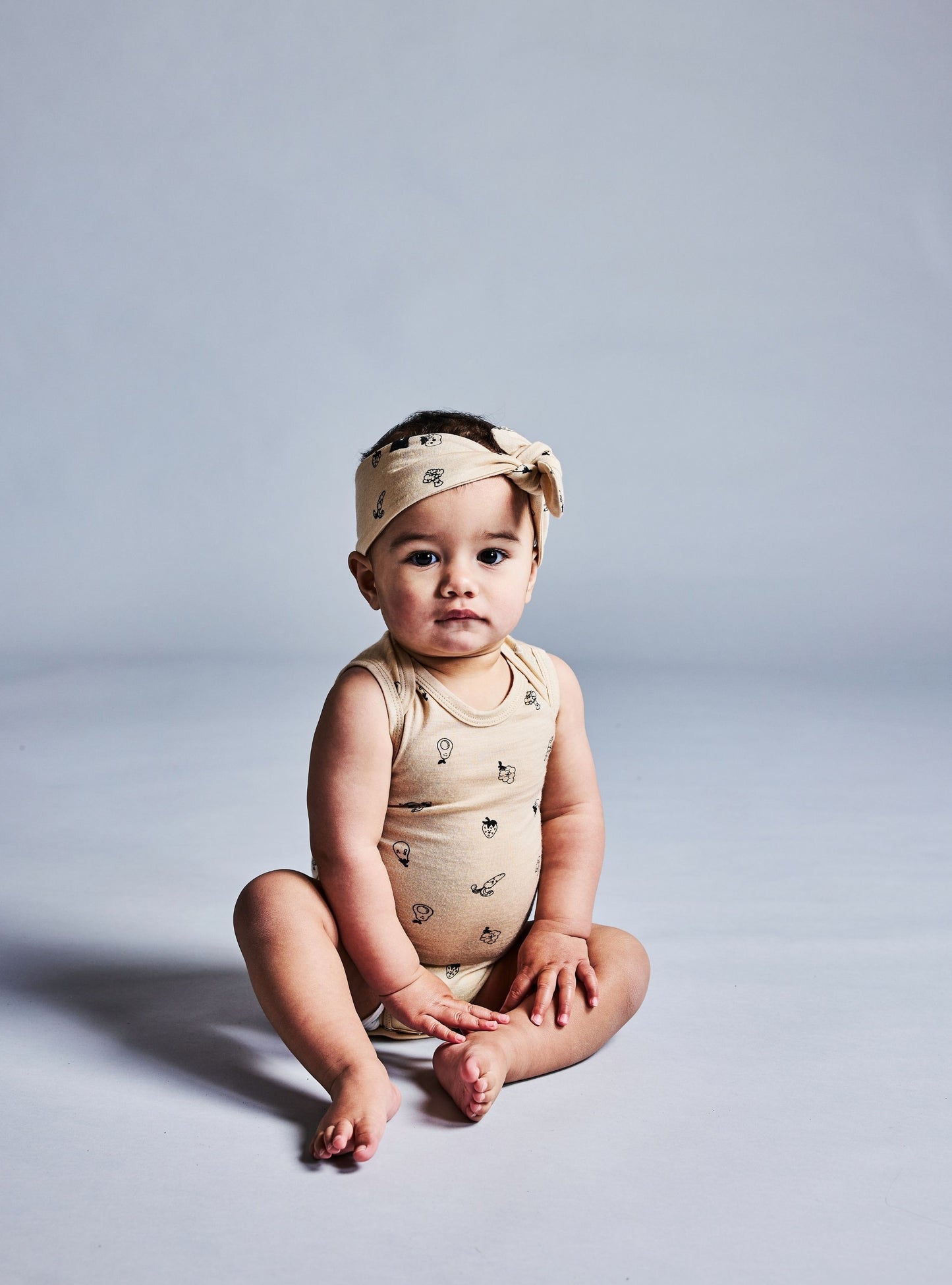Merino Baby Vest Bodysuit - Oatmeal with Fruit & Veg Print