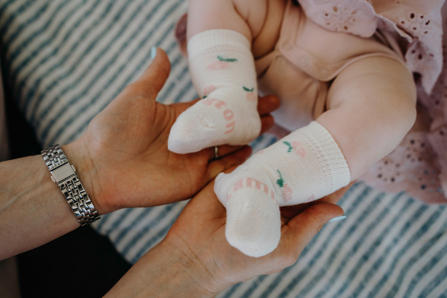 Merino Baby Crew Socks - Cream with Pink Flowers