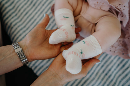 Merino Baby Crew Socks - Cream with Pink Flowers