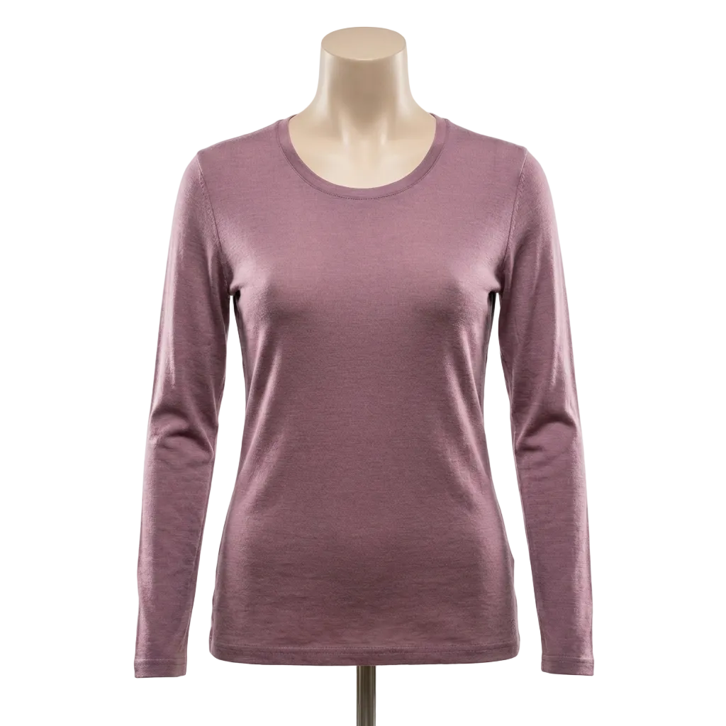 Mauve Merino Wool long-sleeve shirt on a mannequin against a white background