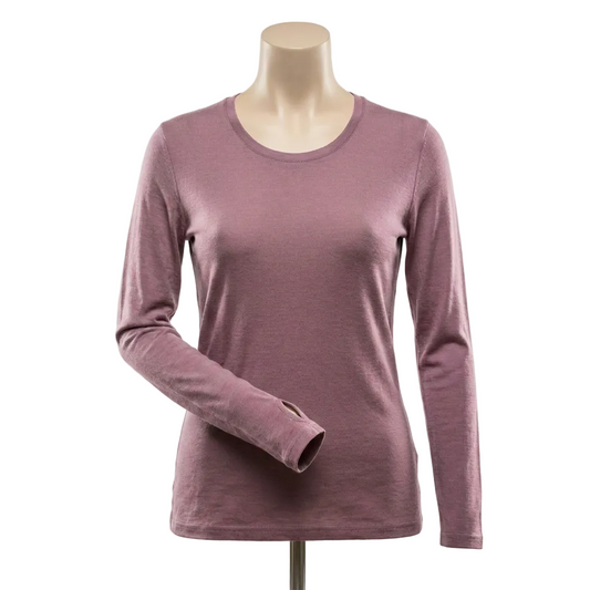 Mauve merino wool long-sleeve shirt on a mannequin against a white background showing thumbhole loops at wrist