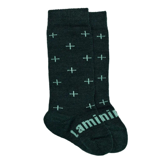 Dark green merino wool baby socks with light blue plus signs and 'Lamington' branding on a white background