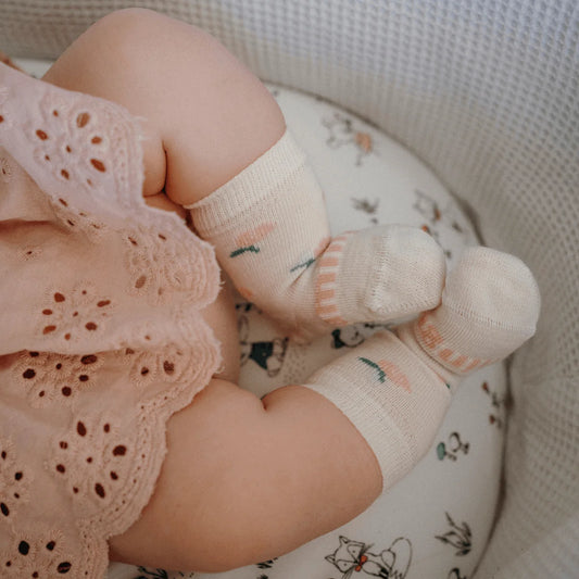 Merino Baby Crew Socks - Cream with Pink Flowers