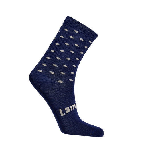 Navy merino wool blend sock with white spot and 'Lamington' branding on a white background