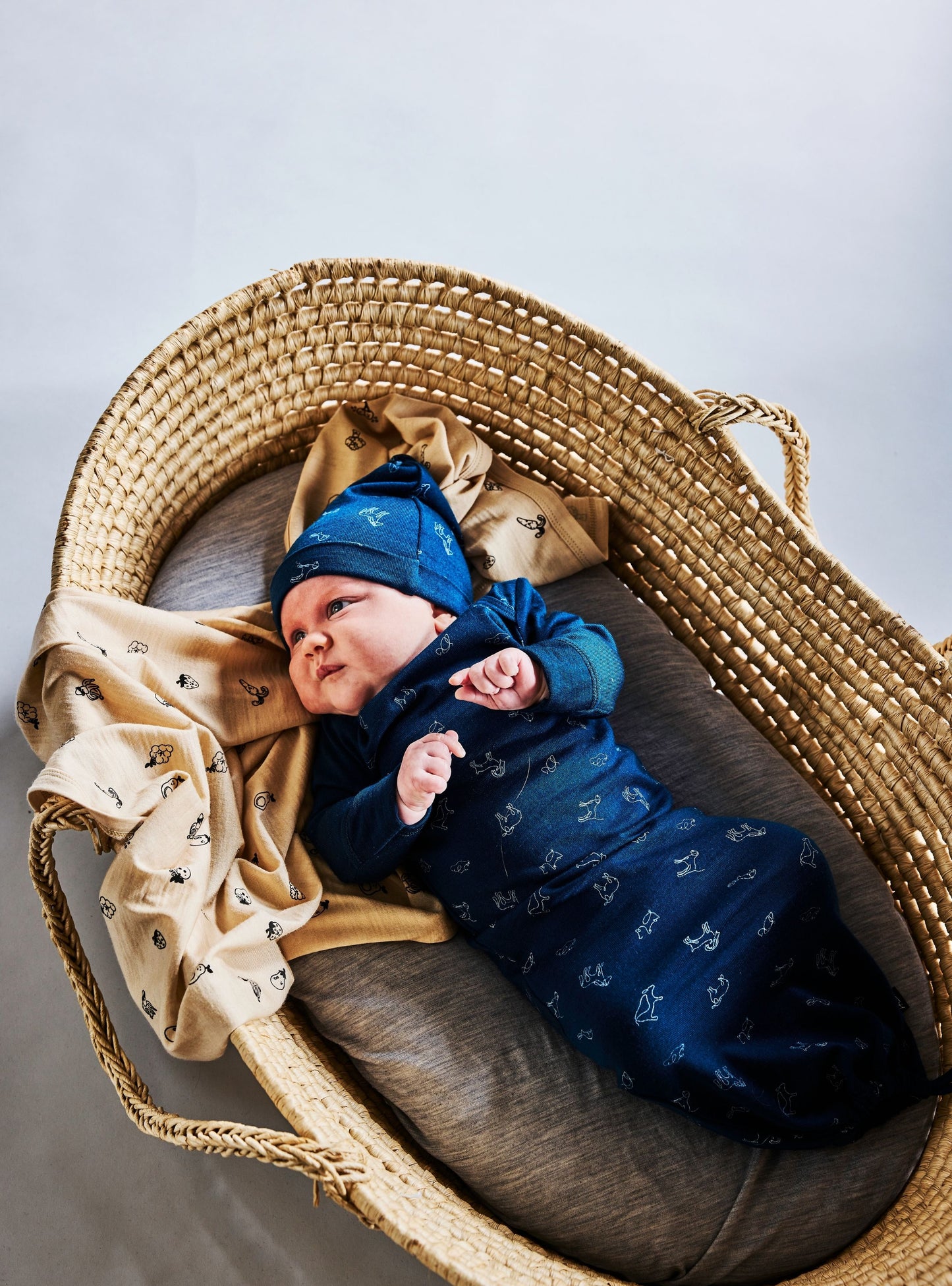 Little Flock of Horrors Merino Baby Bundler I Blue with Animal Print