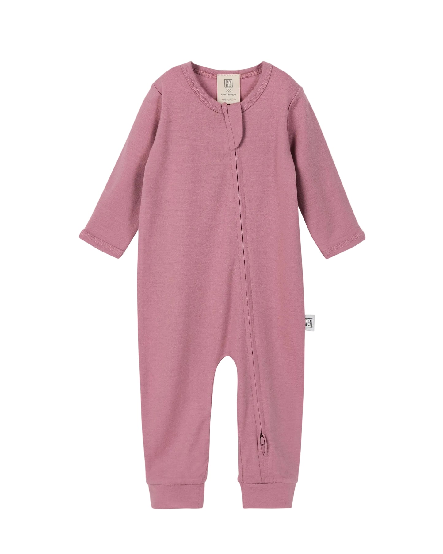 Pink 100% merino wool baby long-sleeve, footless onesie with 2-way zip on a light gray background
