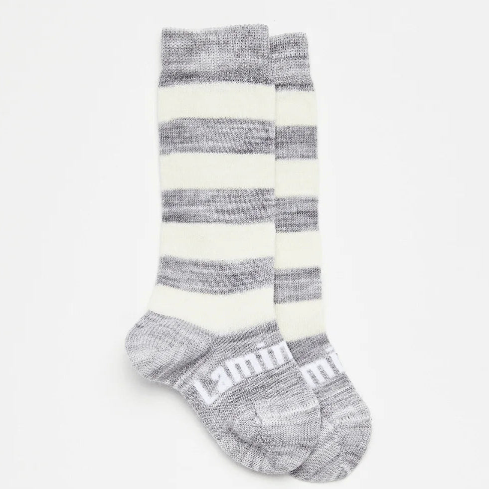Grey and white striped merino wool knee high baby socks Lamington